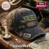 Distressed charcoal grey Jeep baseball cap with embroidered lettering, metal 85-year anniversary pins, and 4x4 patches.!