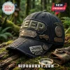 Black denim baseball cap with Jeep embroidery, metal 85 years adventure patch, trail rated badge, and Jeep grille emblem.!