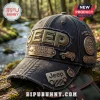 Distressed black denim Jeep baseball cap featuring 85 Years of Adventure metal badge, Trail Rated logo, and SUV pin.!