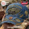 Distressed blue denim baseball cap featuring a green Jeep graphic, embroidered text Jeep 85 Years and Est. 1941.!