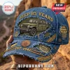 Jeep 85 years anniversary distressed denim baseball cap with green vehicle graphic, Trail Rated badge, and 1941 text.!