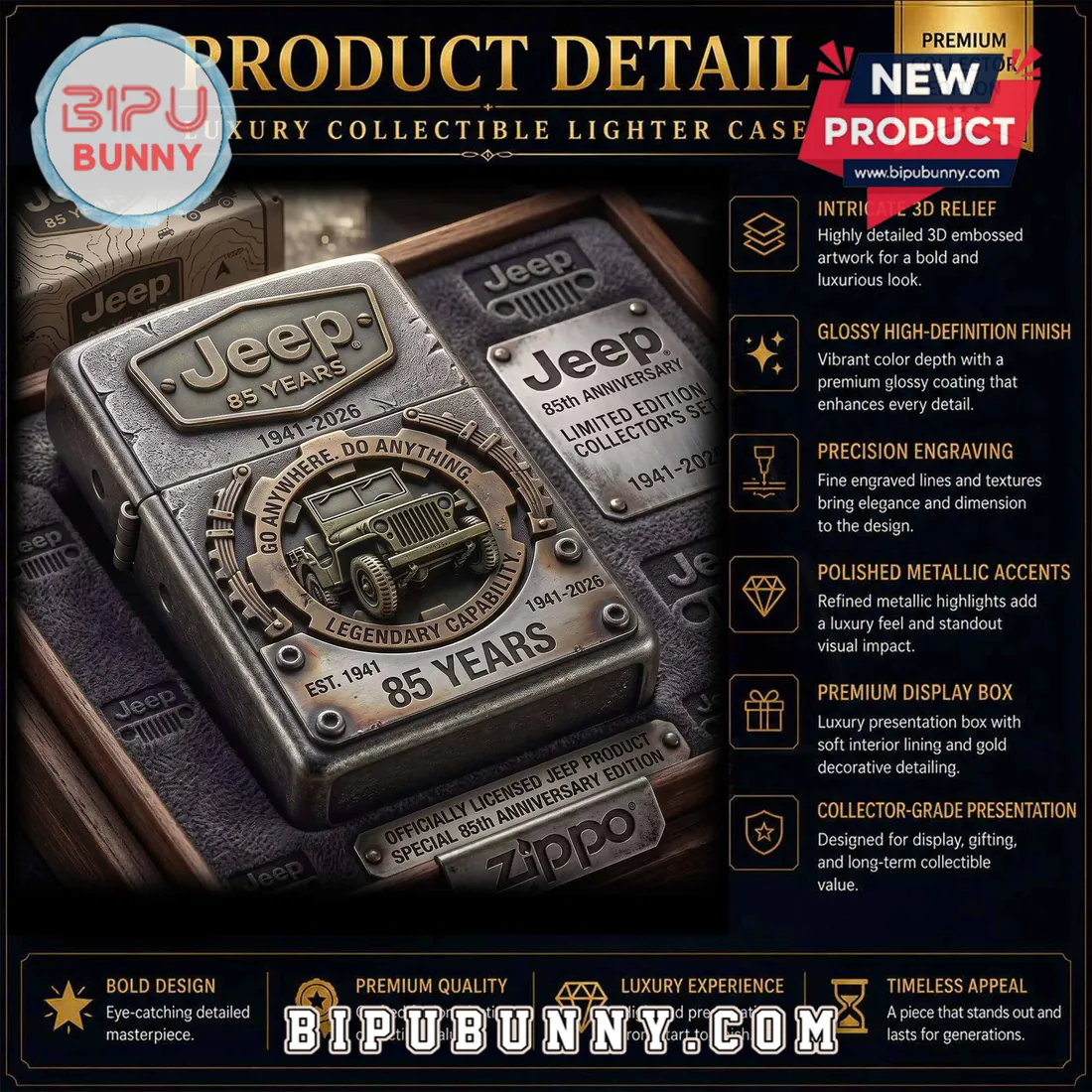 Jeep 85th Anniversary Embossed Metal Zippo Lighter Case Jeep 85th Anniversary Embossed Metal Zippo Lighter Case