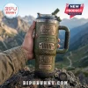 Olive green Jeep 85th anniversary insulated tumbler with metal embossed grille, compass, and tire tread handle.!
