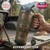Olive green Jeep-themed insulated tumbler with radiator grille design, text The Jeep Legacy 1941, and tire tread base.!