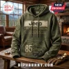 Olive green Jeep 85th anniversary pullover hoodie with graphic print of a vintage vehicle and 1941-2026 text.!