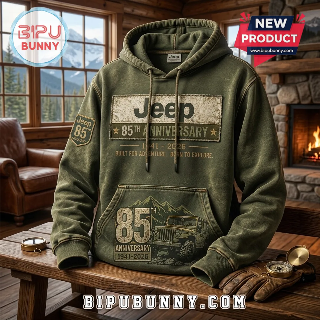 Jeep 85th Anniversary Olive Green Hoodie Jeep 85th Anniversary Olive Green Hoodie