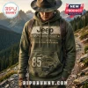 Olive green hooded sweatshirt featuring Jeep 85th Anniversary text, vintage vehicle graphic, and mountain trail background.!