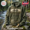 Olive green Jeep 85th anniversary pullover hoodie with graphic print of a vintage vehicle and mountains on a river rock.!