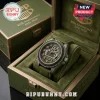 Jeep 85th anniversary wristwatch with a grille dial and olive green leather band in a matching branded wooden display box.!