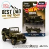 Olive green Hot Wheels Jeep Willys MB 85th Anniversary die-cast model car in packaging with trail-themed branding.!