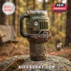 Olive green Jeep-themed 3D tumbler with front grill, headlights, winch, trail tread texture, and Trail Rated badge.!
