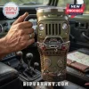 Olive green Jeep grill tumbler with a handle, Trail Rated badge, winch detail, and embossed mountain and tool icons.!