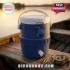Blue plastic beverage cooler with white lid and spigot featuring a bell and baseball bat graphic on a wooden boat deck.!