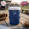 Blue plastic personal beverage cooler with white lid and handle featuring a baseball bat and bell graphic on the side.!