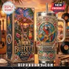 Jimmy Buffett 250 Years of Freedom 40oz handle tumbler with tropical parrot guitar graphics, flag, and beach sunset imagery.
