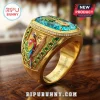 Jimmy Buffett Changes In Latitudes Parrot Ring featuring a gold band, a blue gemstone, and colorful parrot engraving.
