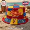 Jimmy Buffett Patchwork Custom Bucket Hat with red, yellow, and blue panels, parrot imagery, and embroidered text.