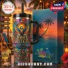 Jimmy Buffett Thank You For The Memories Stanley Tumbler featuring tropical parrot, palm trees, and sunset beach design.