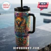 Jimmy Buffett Thank You For The Memories Stanley Tumbler with tropical parrot, sunset, and floral designs.