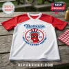 Nathan's Famous Hot Dog Eating Contest raglan t-shirt with red sleeves and a graphic of a hot dog wearing a top hat.!