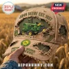 Tan distressed baseball cap featuring a green John Deere tractor graphic, logo patches, and Nothing Runs Like A Deere text.!