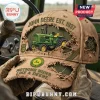 Distressed tan baseball cap featuring a green John Deere tractor graphic, 1837 text, and Nothing Runs Like A Deere slogan.!