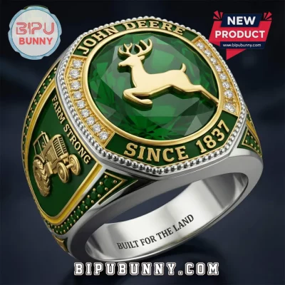 John Deere Farm Strong Stainless Steel Green Stone Ring