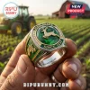John Deere championship-style ring with green stone, gold leaping deer, tractor emblem, and Built For The Land inscription.!