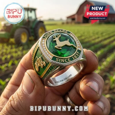 John Deere Farm Strong Stainless Steel Green Stone Ring