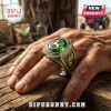John Deere championship style ring with a green gem, gold deer logo, Since 1837 text, and tractor engraving on the side.!