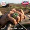 Silver John Deere tractor ring featuring a green gemstone center, gold deer emblem, and engraved Since 1837 text.!
