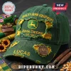 John Deere Personalized Distressed Green Baseball Cap with yellow logo, embroidered text, and frayed aesthetic details.