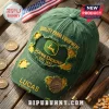 John Deere personalized distressed green baseball cap featuring embroidery, a jumping deer logo, and custom name on brim.