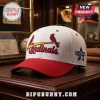 St. Louis Cardinals baseball cap with white crown, red brim, and embroidered logo featuring two birds on a yellow bat.!