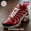 Kappa Alpha Psi red and white sneaker with faux-croc texture, white laces, fraternity crest on tongue, and rhinestone swoosh.!