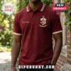 Kappa Alpha Psi custom name polo shirt in crimson red featuring a textured fabric, white trim, and fraternity crest.