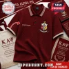 Kappa Alpha Psi Custom Name Polo Shirt in maroon with cream geometric collar trim, crest logo, and personalized text area.