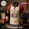 Kappa Alpha Psi Embroidered Crest Polo Shirt in crimson and cream with a black collar and detailed fraternity insignia.