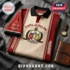 Kappa Alpha Psi Embroidered Crest Polo Shirt with red and cream patterned fabric, black collar, and greek letter details.