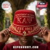 Red corduroy bucket hat with Kappa Alpha Psi Greek letters, gold embroidery, and 1911 text worn by a person.!