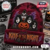 KISS Band Halloween Beanie Hat 2026 featuring embroidered band members, a jack-o'-lantern, and graves in maroon knit fabric.