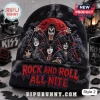 KISS Band tie-dye beanie hat featuring rock band members in vampire attire with red moon, bats, and Rock and Roll text.