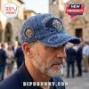 Distressed blue denim baseball cap featuring embroidered Knights of Columbus logos and Charity unity text on the brim.!
