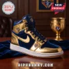 High-top sneaker in navy velvet and metallic gold leather featuring Knights of Columbus emblems and white rubber sole.!