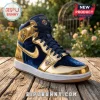 High-top sneaker in navy blue velvet and metallic gold panels with Knights of Columbus emblem on tongue and side.!