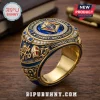 Knights of Columbus gold ring with blue enamel, central K of C emblem, clear stones, and Founded 1882 inscription.!