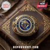 Knights of Columbus gold ring with blue enamel, K of C emblem, and Charity, Unity, Fraternity text on a leather book.!