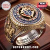 Knights of Columbus gold and silver ring featuring K of C emblem, clear stones, and engraved Latin and English text.!