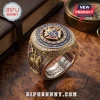 Knights of Columbus gold ring featuring K of C emblem, side carvings of knight on horse, and text In Service To One, All.!