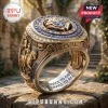 Knights of Columbus gold ring with blue enamel, K of C emblem, knight on horseback, and In Service to One engraving.!